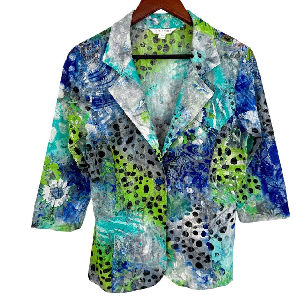 Erin London Sz PM Petite Medium Wearable Art Blouse Shirt Top Unique Artsy Green